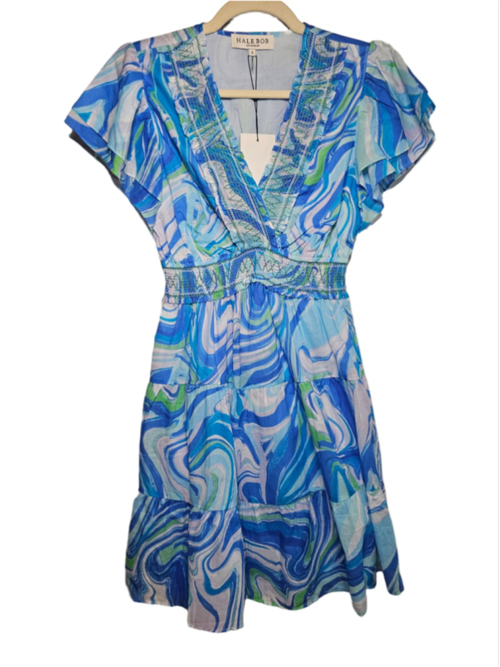 Hale Bob Marble Print Tiered Mini Dress Blue Smocked Waist Flutter Sleeve S NWT